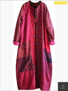 Women's Patchwork Trench Coat Floral Cotton Linen Duster Boho Oversized